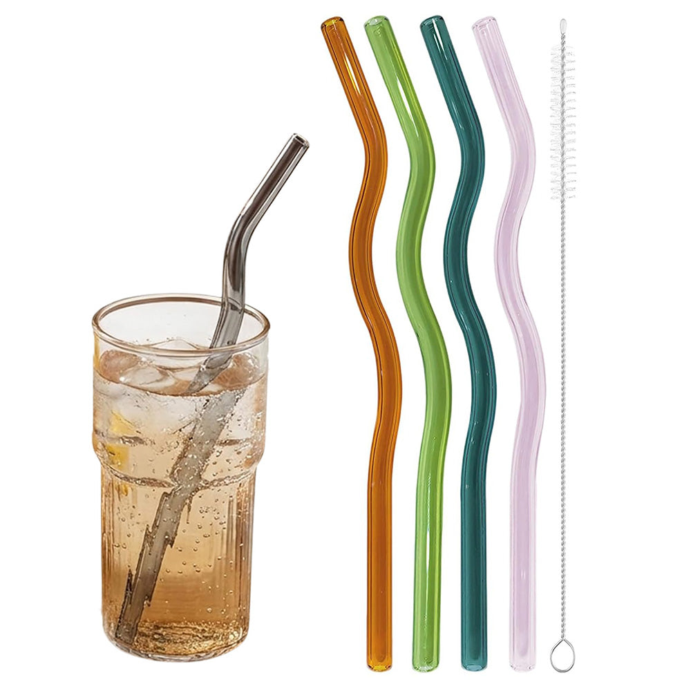 4 Pcs Reusable Wavy Glass Straws – Colorful & Shatter-Resistant